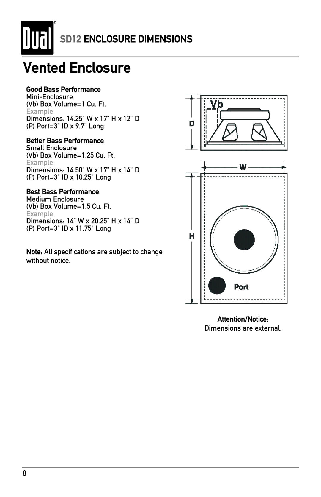 Dual SD12 owner manual Vented Enclosure 