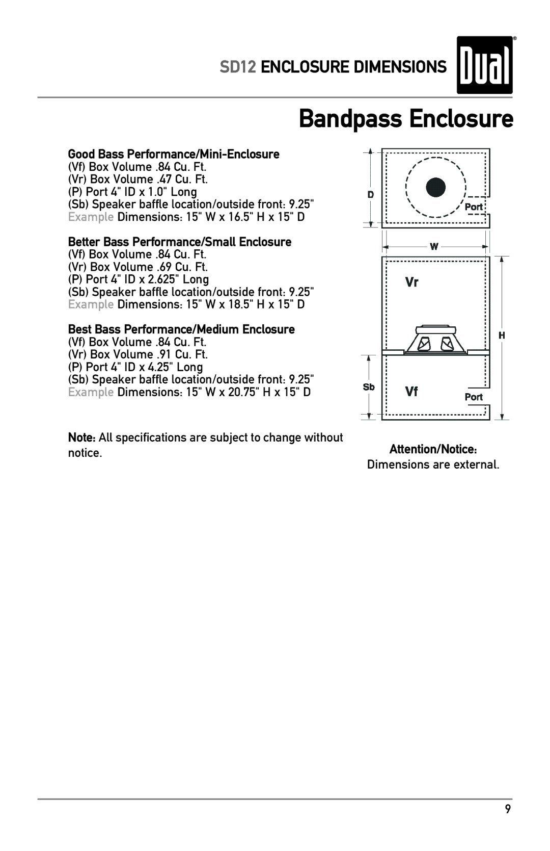 Dual SD12 owner manual Bandpass Enclosure, Good Bass Performance/Mini-Enclosure, Better Bass Performance/Small Enclosure 