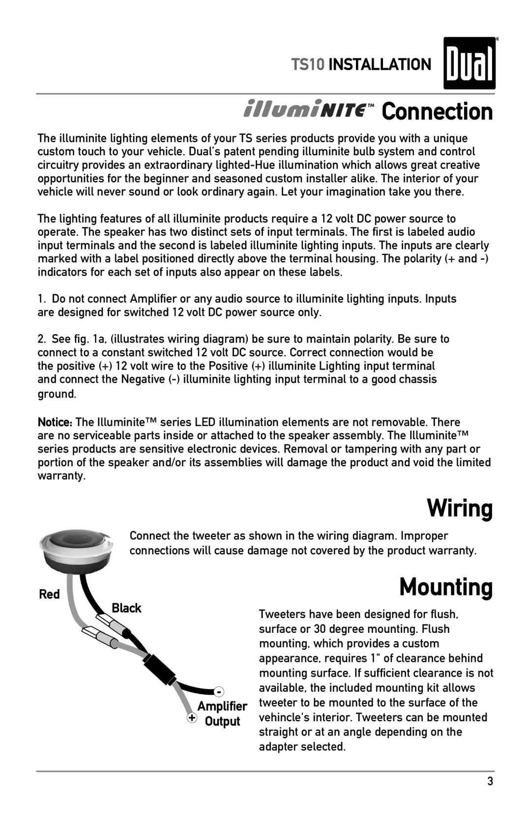 Dual TS10 owner manual Connection, Wiring, Mounting 