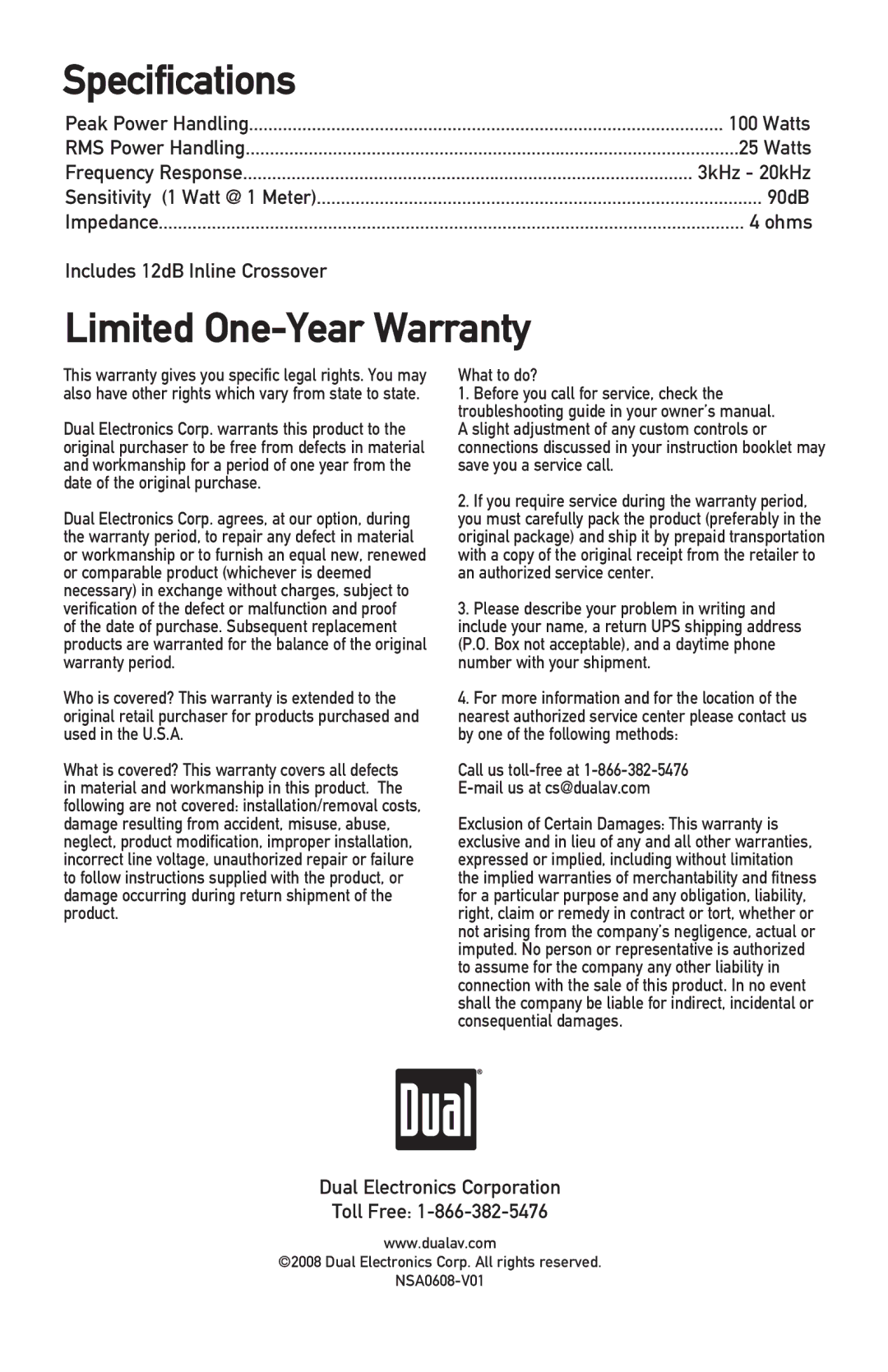 Dual TS10 owner manual Specifications, Limited One-Year Warranty 