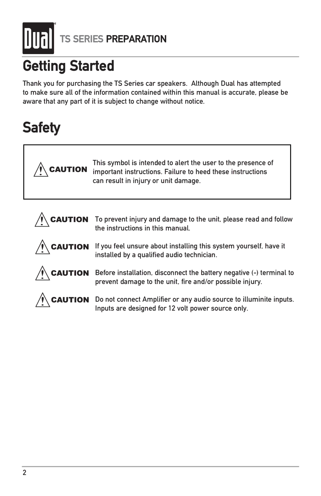 Dual TS55, TS65, TS69 owner manual Getting Started, Safety 