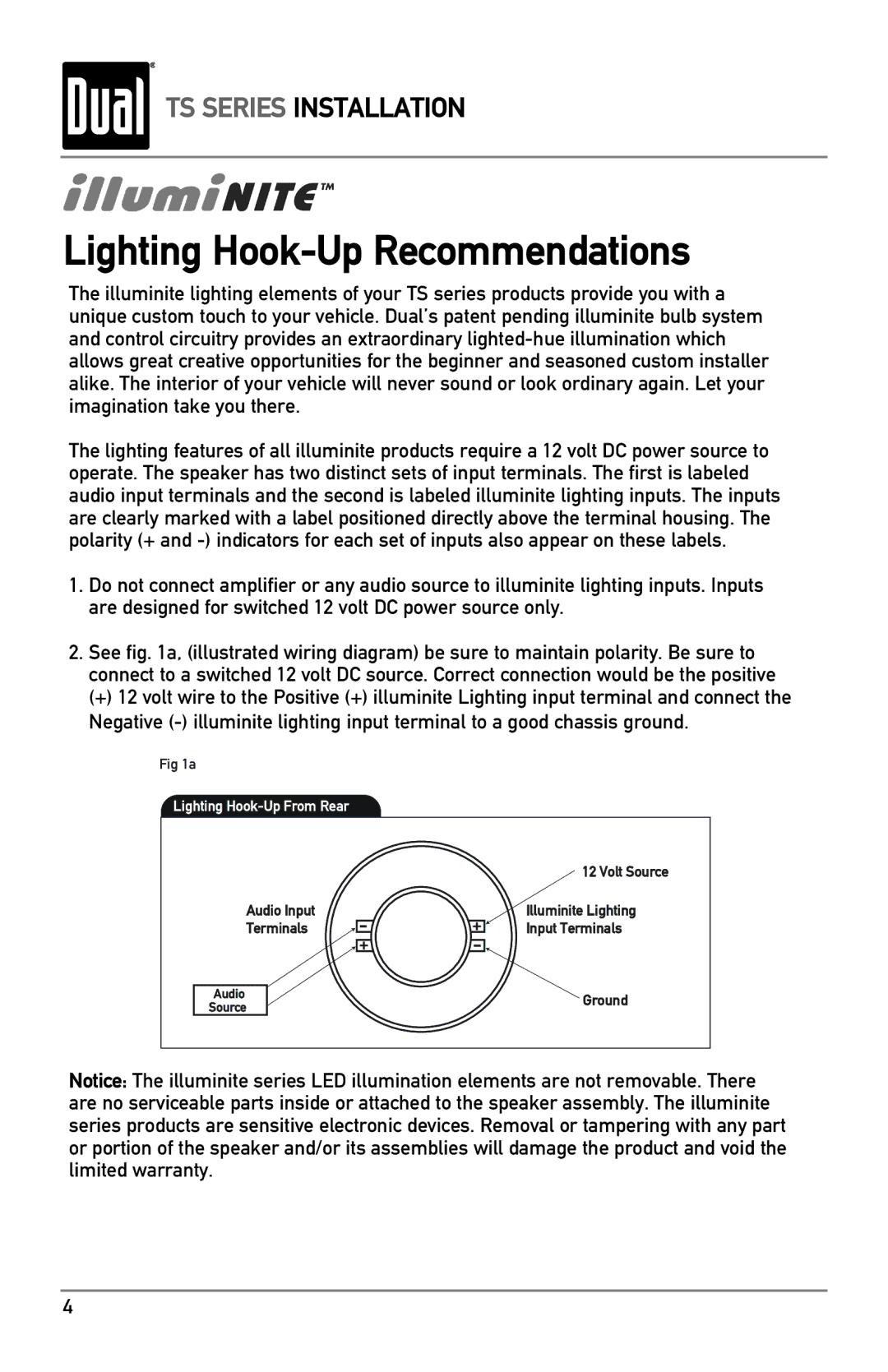 Dual TS69, TS65, TS55 owner manual Lighting Hook-Up Recommendations 