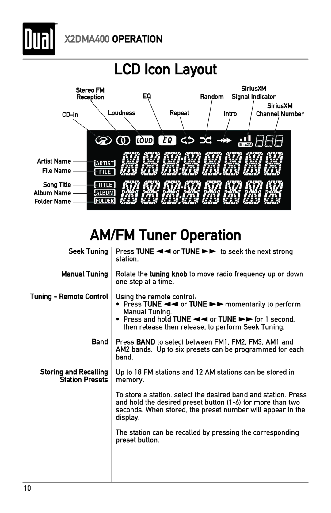 Dual X2DMA400 owner manual LCD Icon Layout, AM/FM Tuner Operation, Seek Tuning Manual Tuning Tuning Remote Control Band 