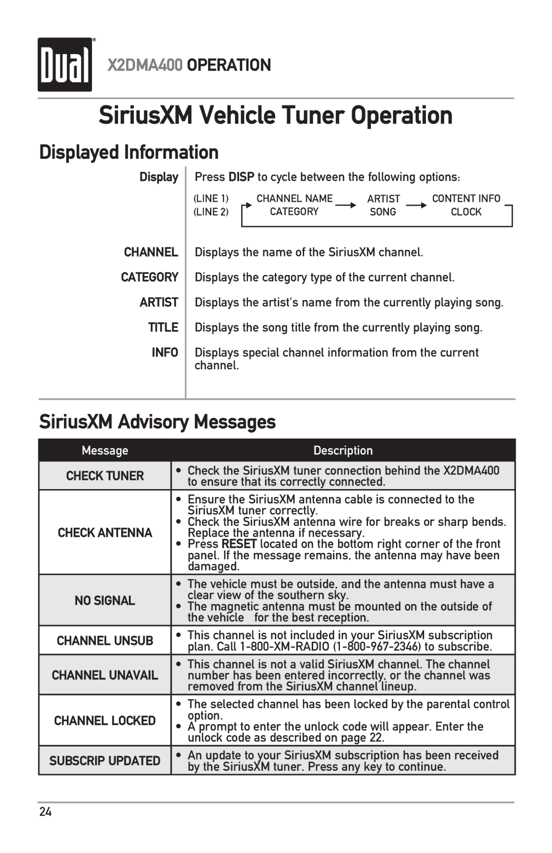 Dual X2DMA400 owner manual SiriusXM Advisory Messages 