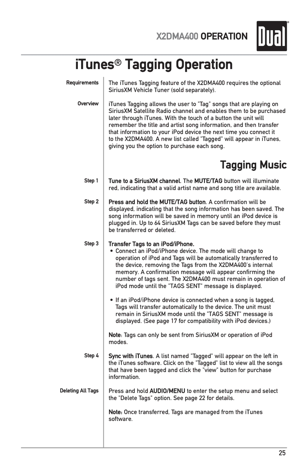 Dual X2DMA400 owner manual ITunes Tagging Operation, Tagging Music 