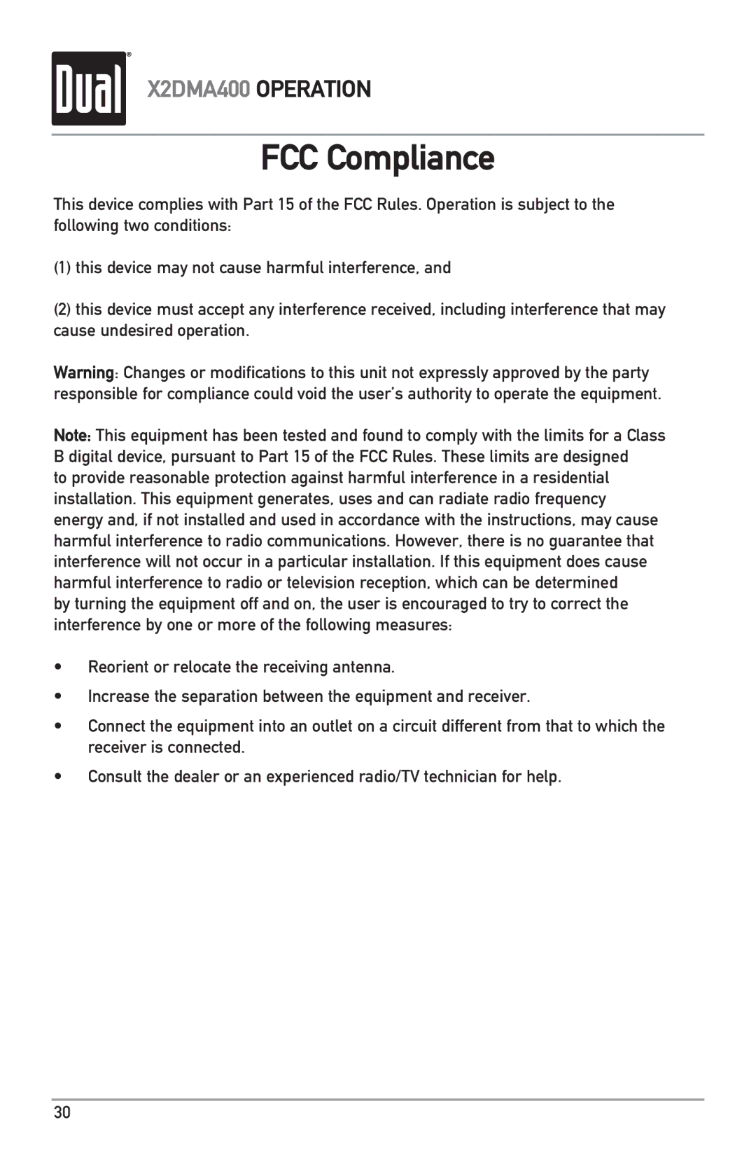 Dual X2DMA400 owner manual FCC Compliance 