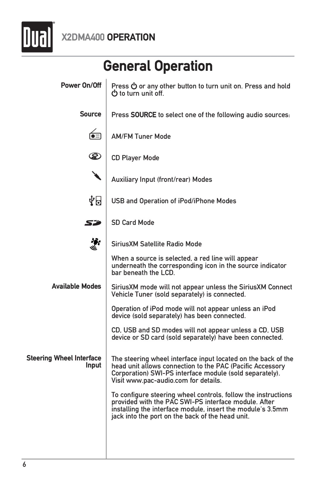 Dual X2DMA400 owner manual General Operation, Power On/Off Source Available Modes 