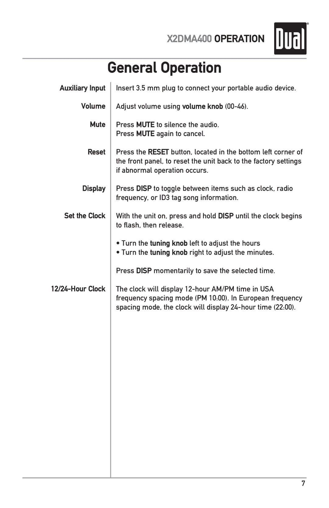 Dual X2DMA400 owner manual General Operation 