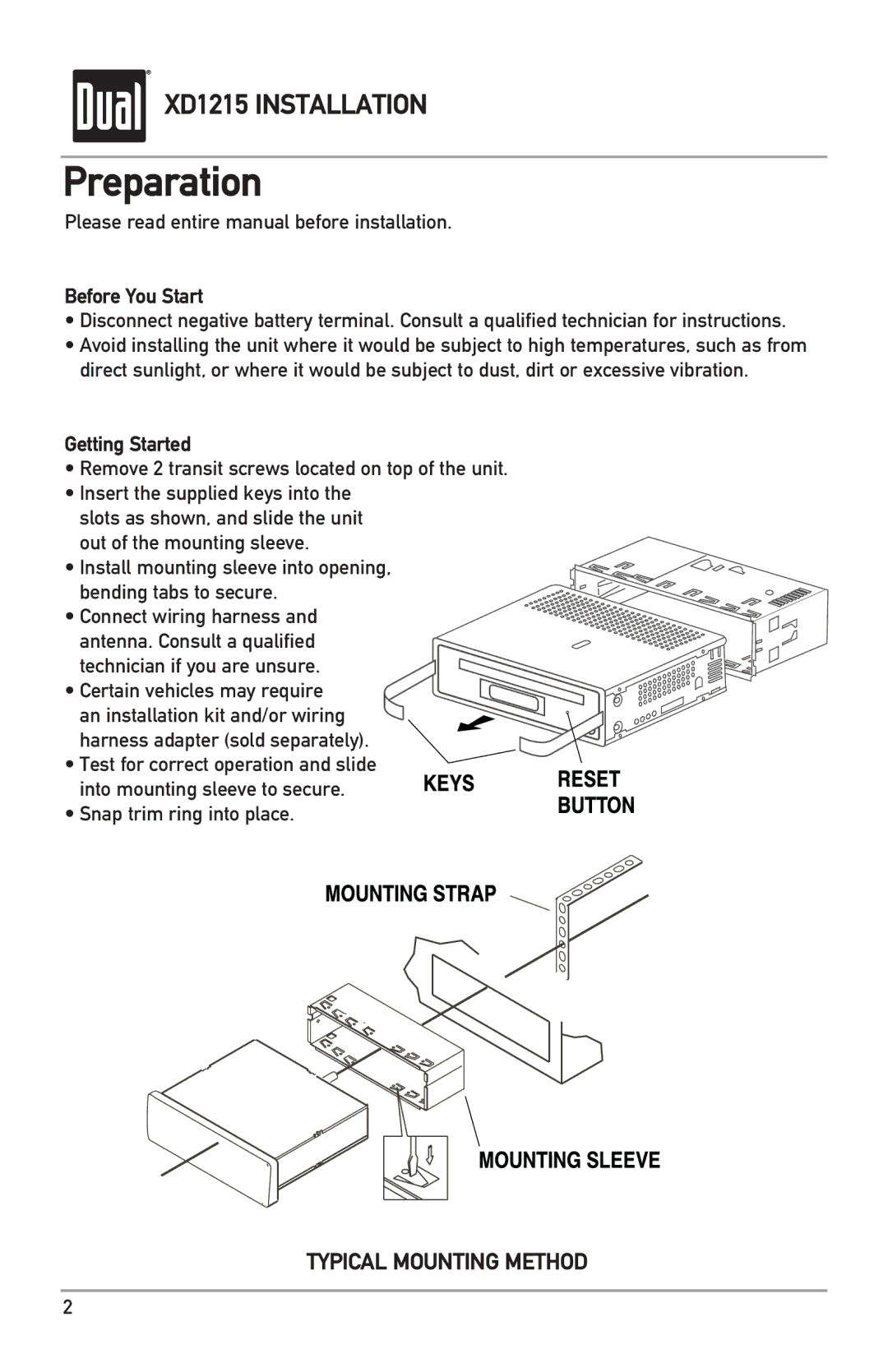 Dual XD1215 owner manual Preparation, Before You Start, Getting Started 