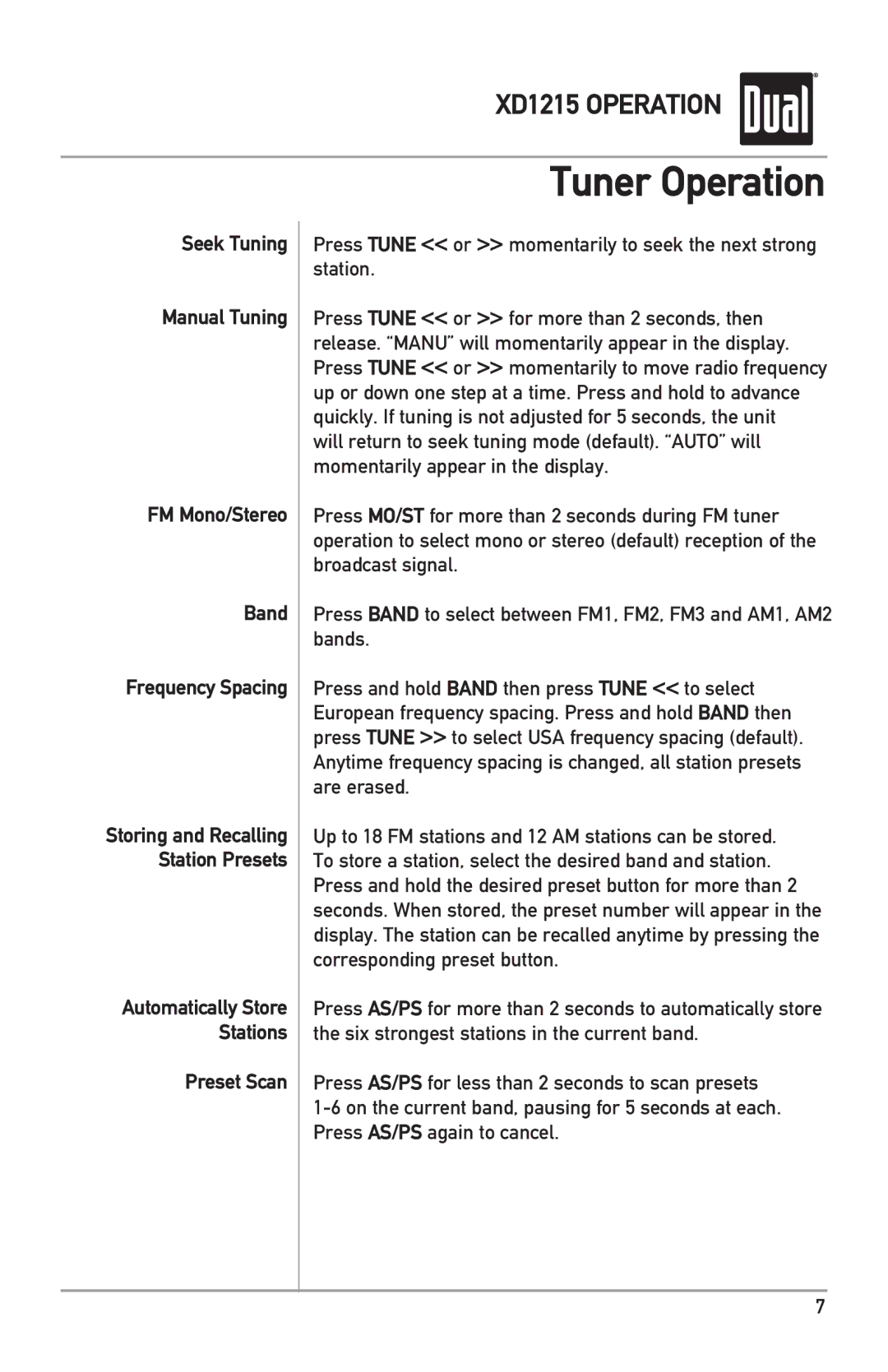 Dual XD1215 owner manual Tuner Operation, Preset Scan, Press Tune or momentarily to seek the next strong station 