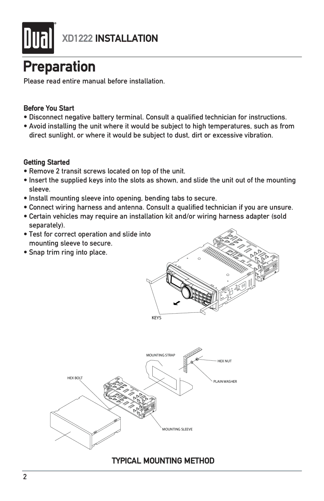 Dual XD1222 owner manual Preparation, Please read entire manual before installation, Before You Start, Getting Started 