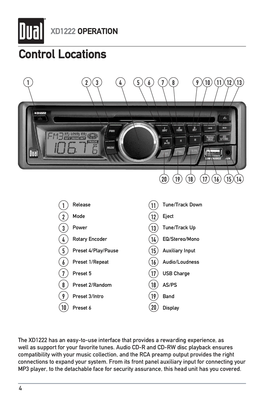 Dual XD1222 owner manual Control Locations, As/Ps 