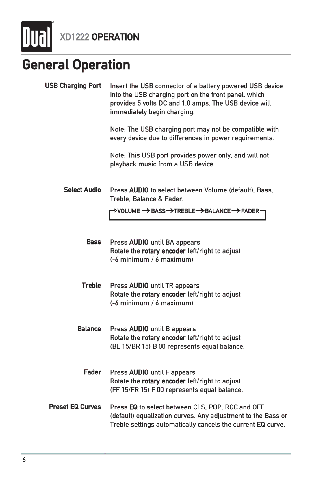 Dual XD1222 owner manual Press Audio until F appears 