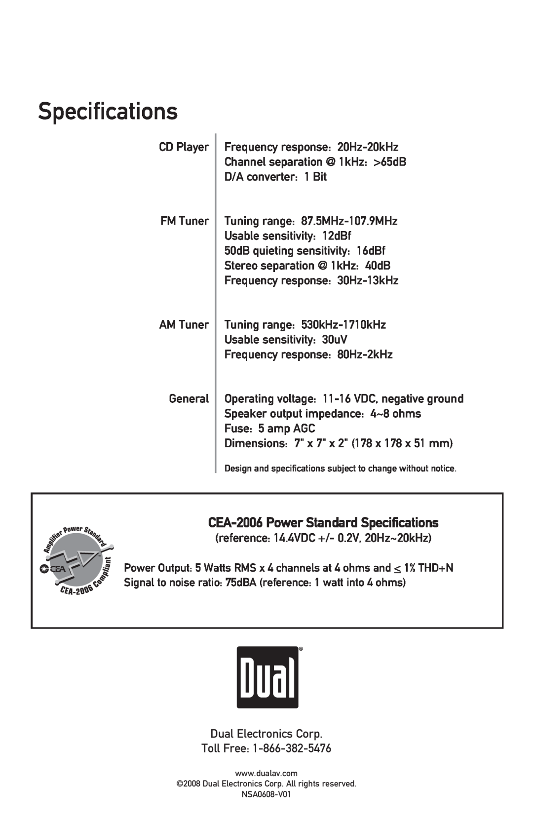 Dual XD1222 owner manual CEA-2006Power Standard Specifications 