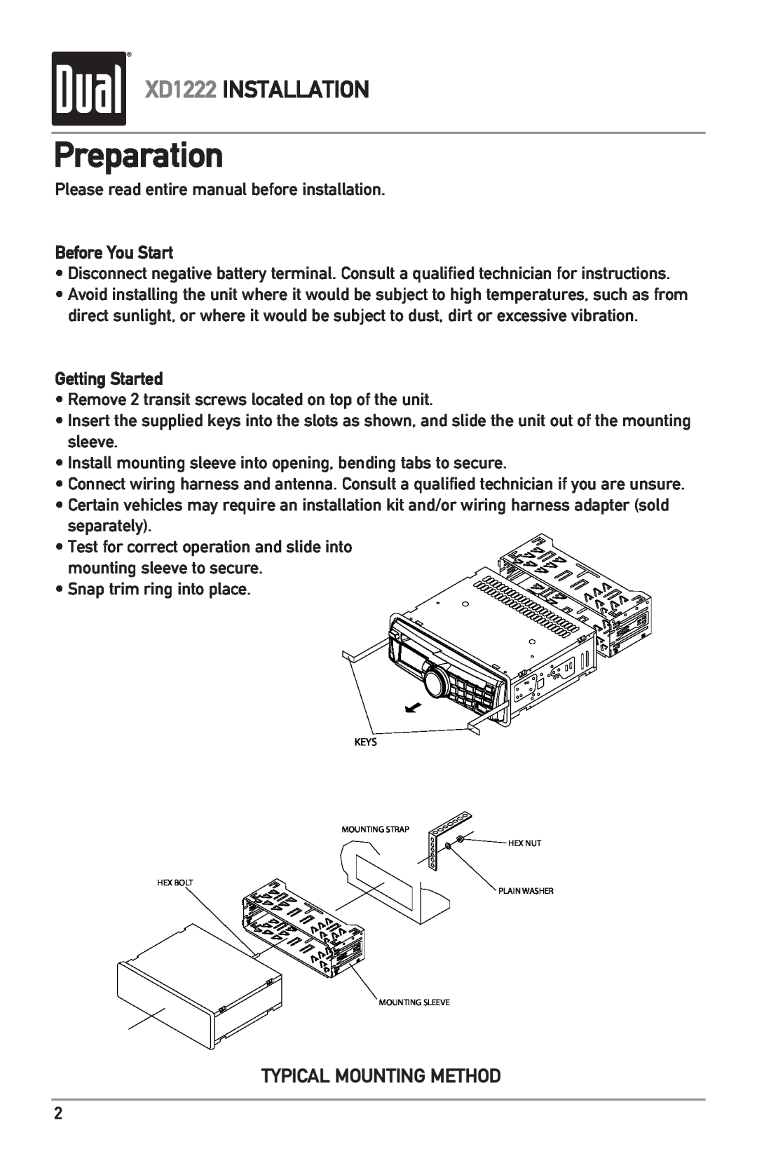Dual owner manual Preparation, XD1222 INSTALLATION, Typical Mounting Method, Before You Start, Getting Started 