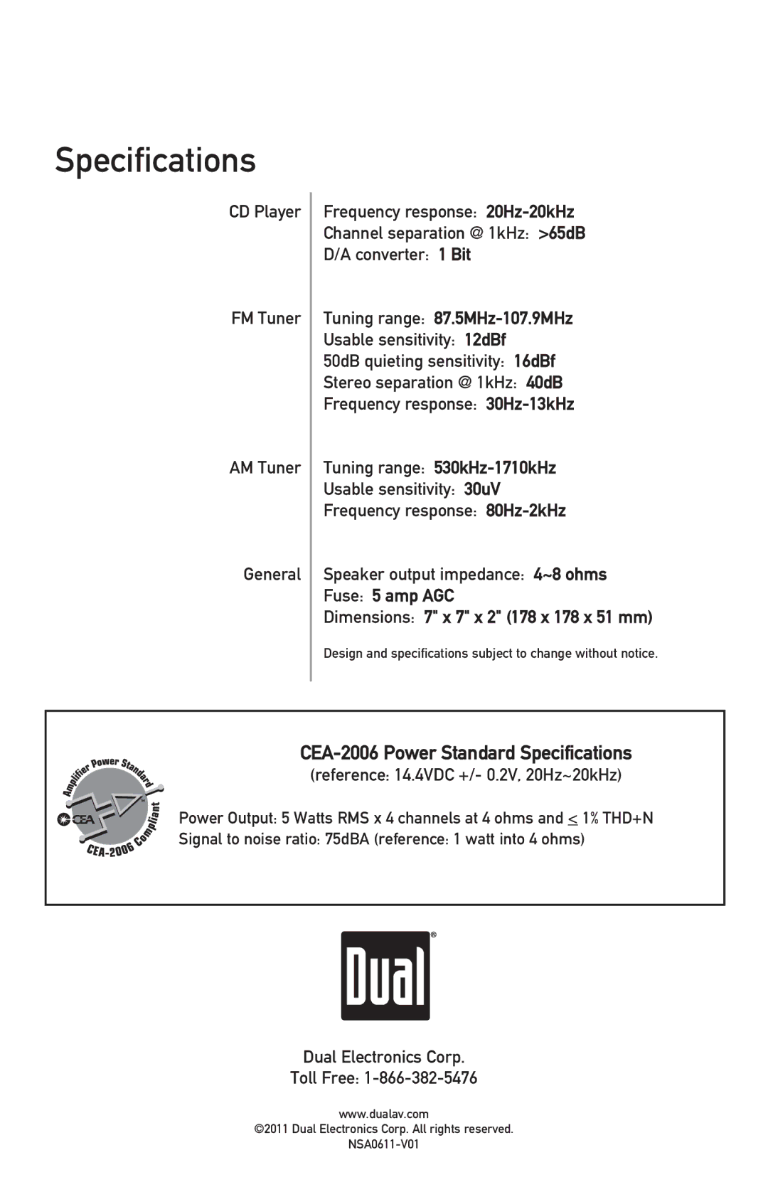 Dual XD1228 owner manual Tuning range 87.5MHz-107.9MHz, Fuse 5 amp AGC 