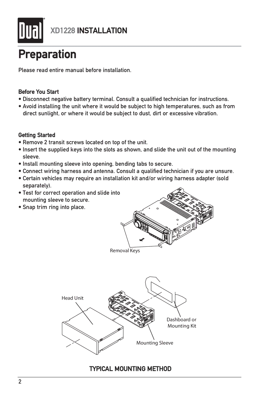 Dual XD1228 owner manual Preparation, Before You Start, Getting Started 