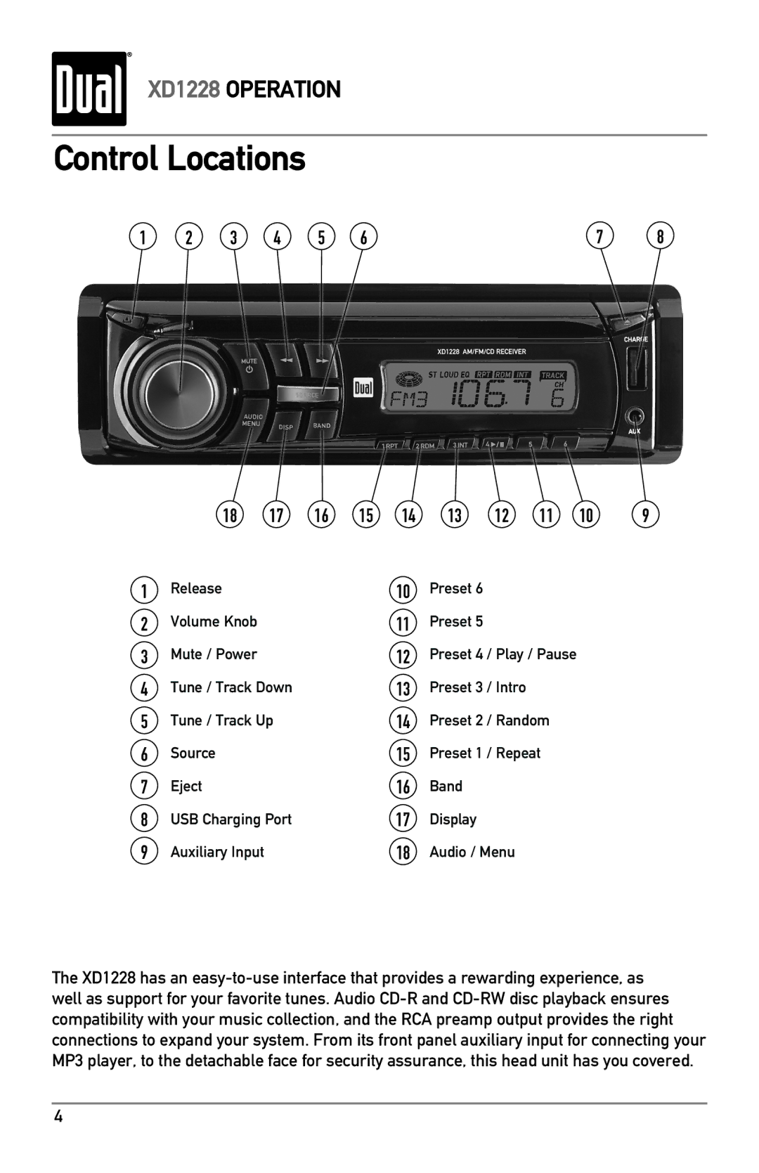 Dual XD1228 owner manual Control Locations 