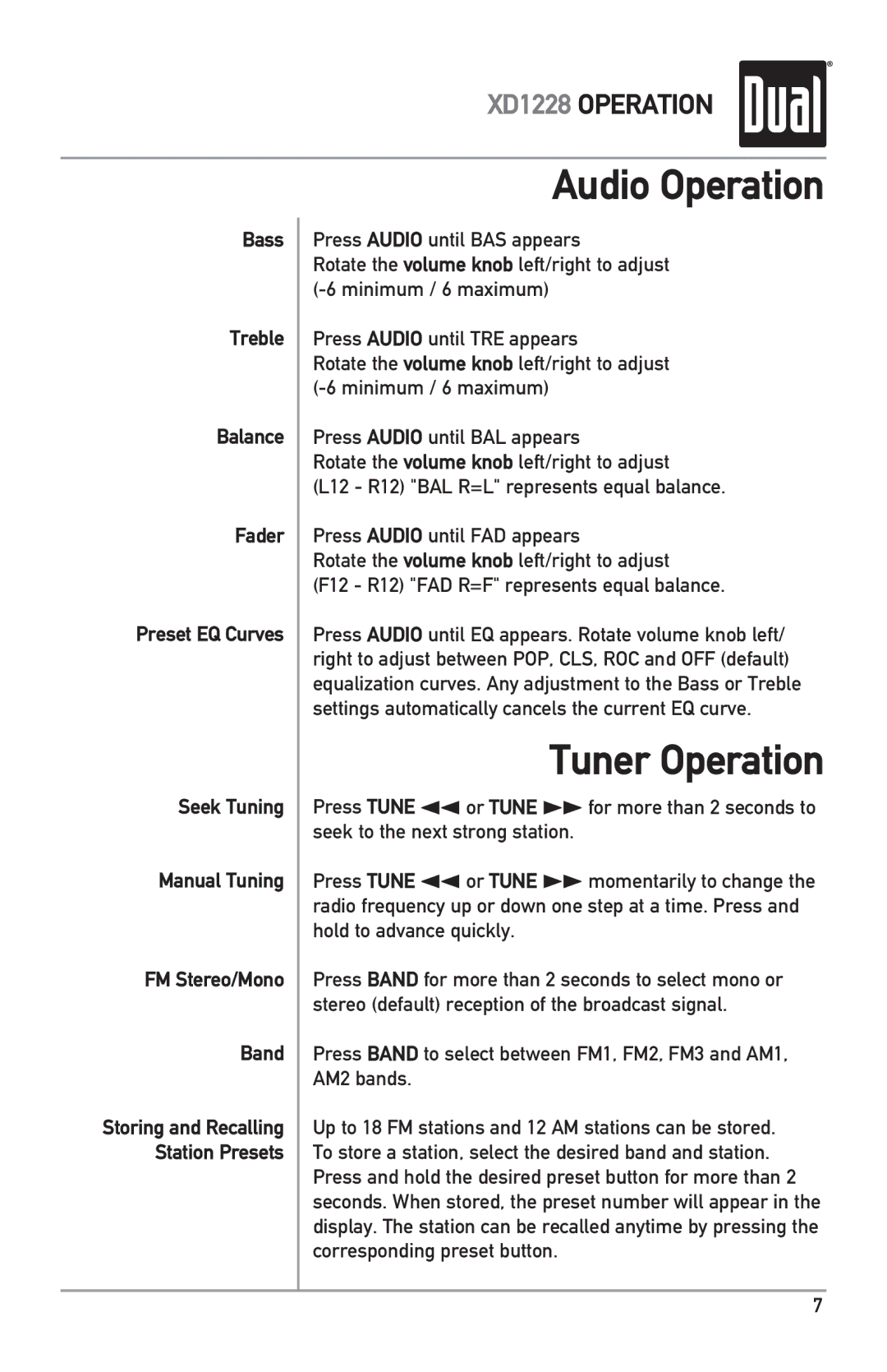 Dual XD1228 owner manual Audio Operation, Tuner Operation 