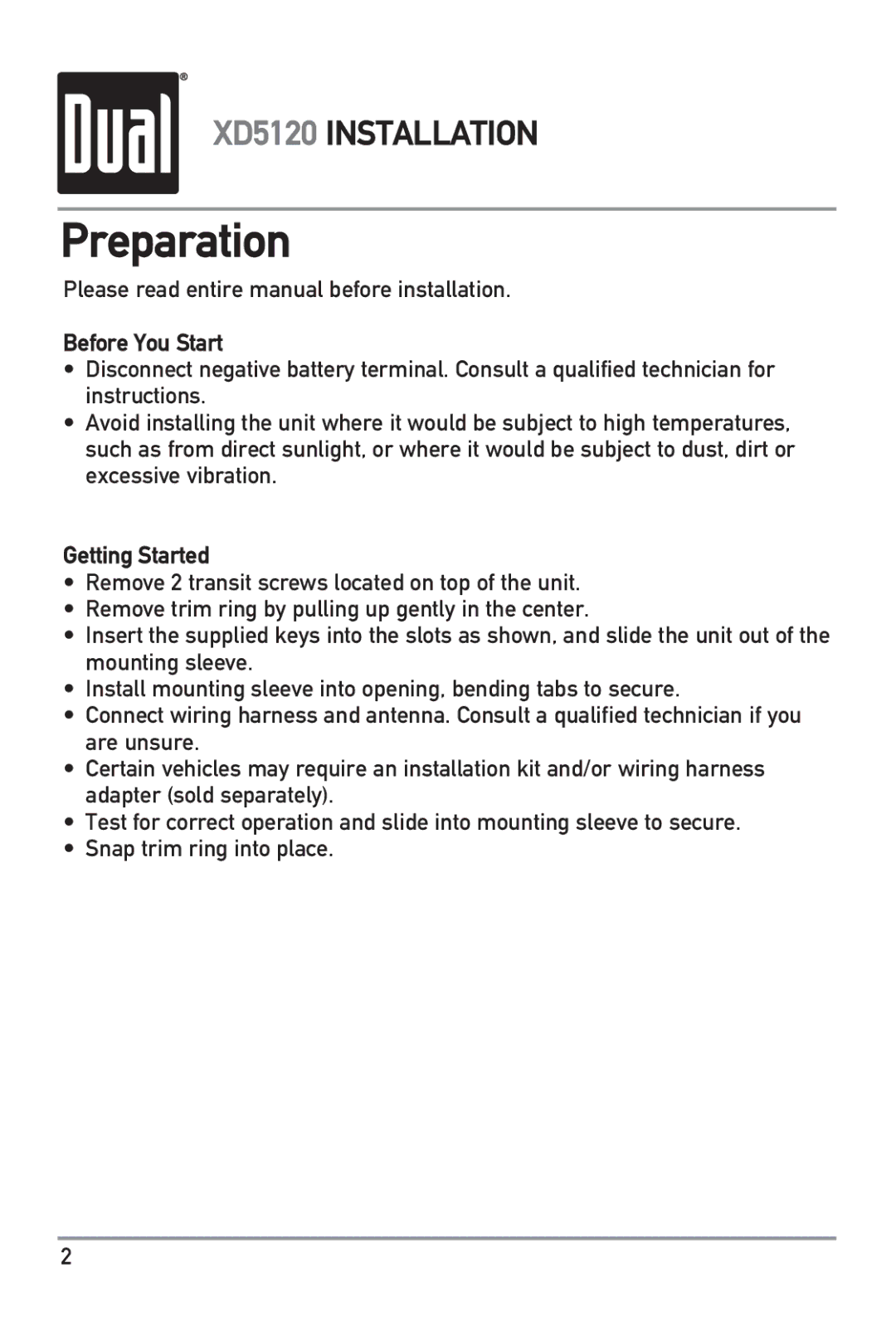 Dual XD5120 owner manual Preparation, Before You Start, Getting Started 