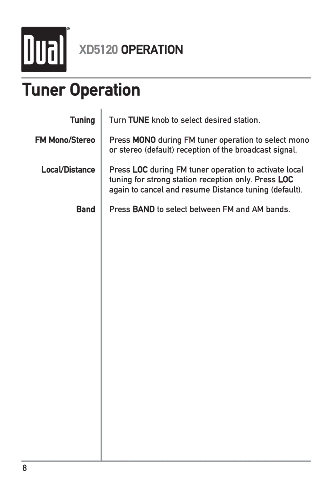 Dual XD5120 owner manual Tuner Operation, Local/Distance Band 