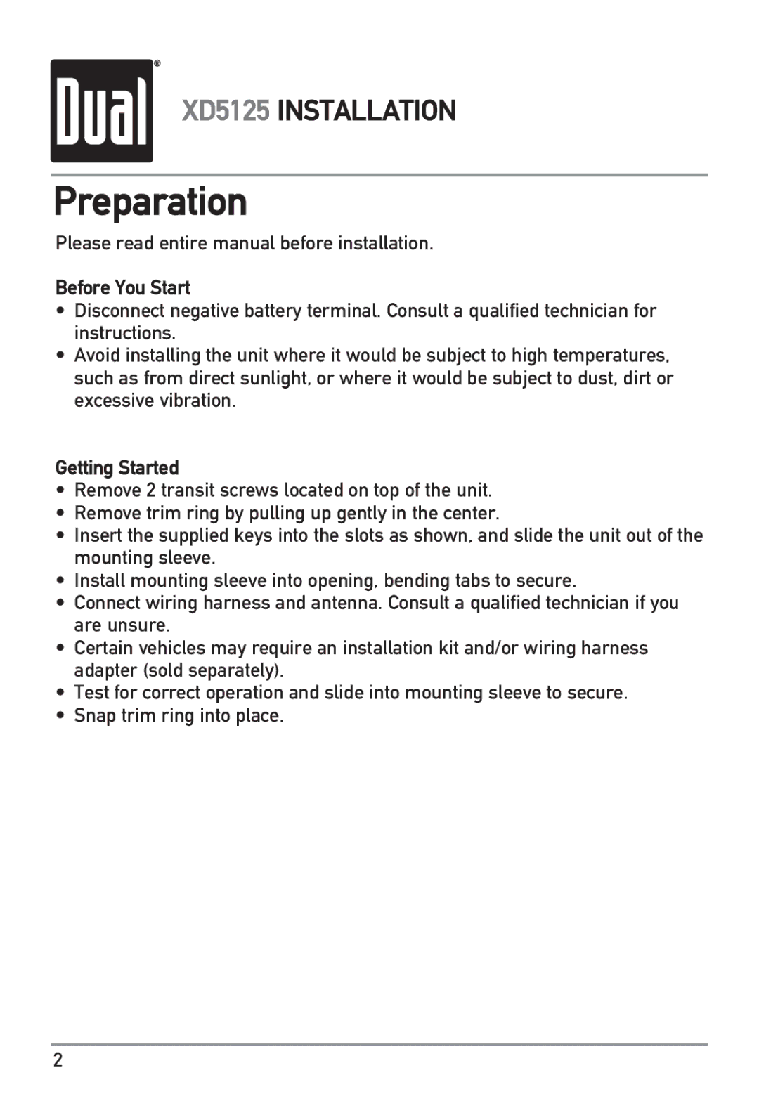 Dual XD5125 owner manual Preparation, Before You Start, Getting Started 