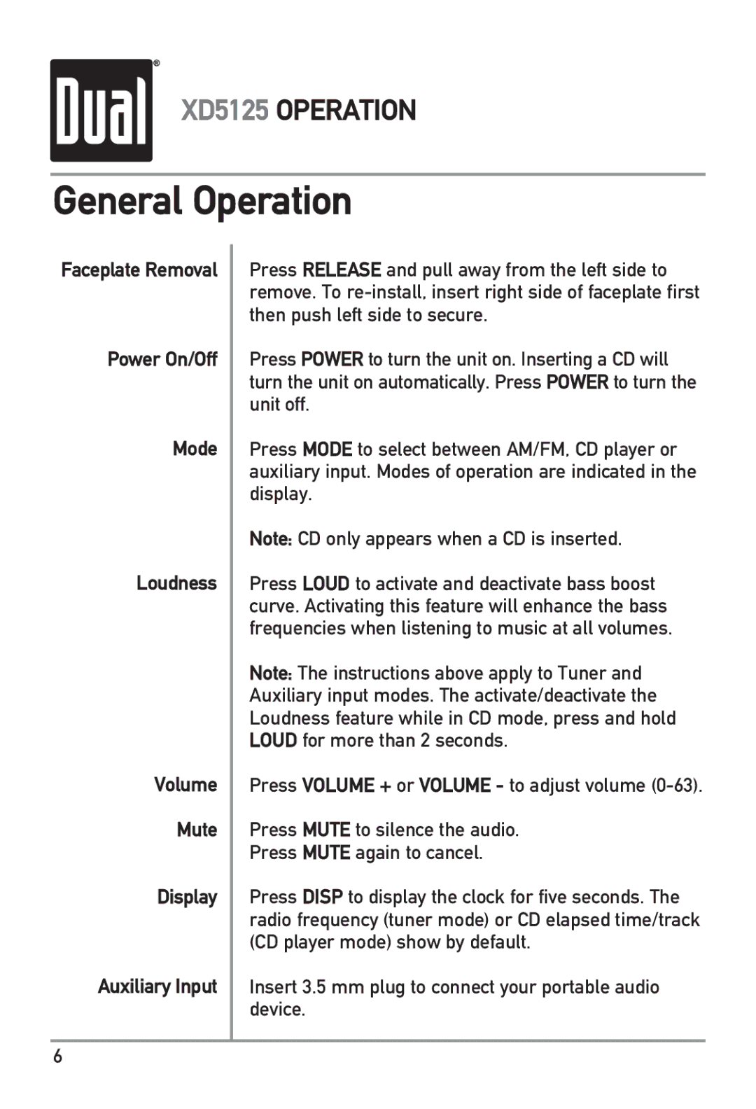 Dual XD5125 owner manual General Operation 