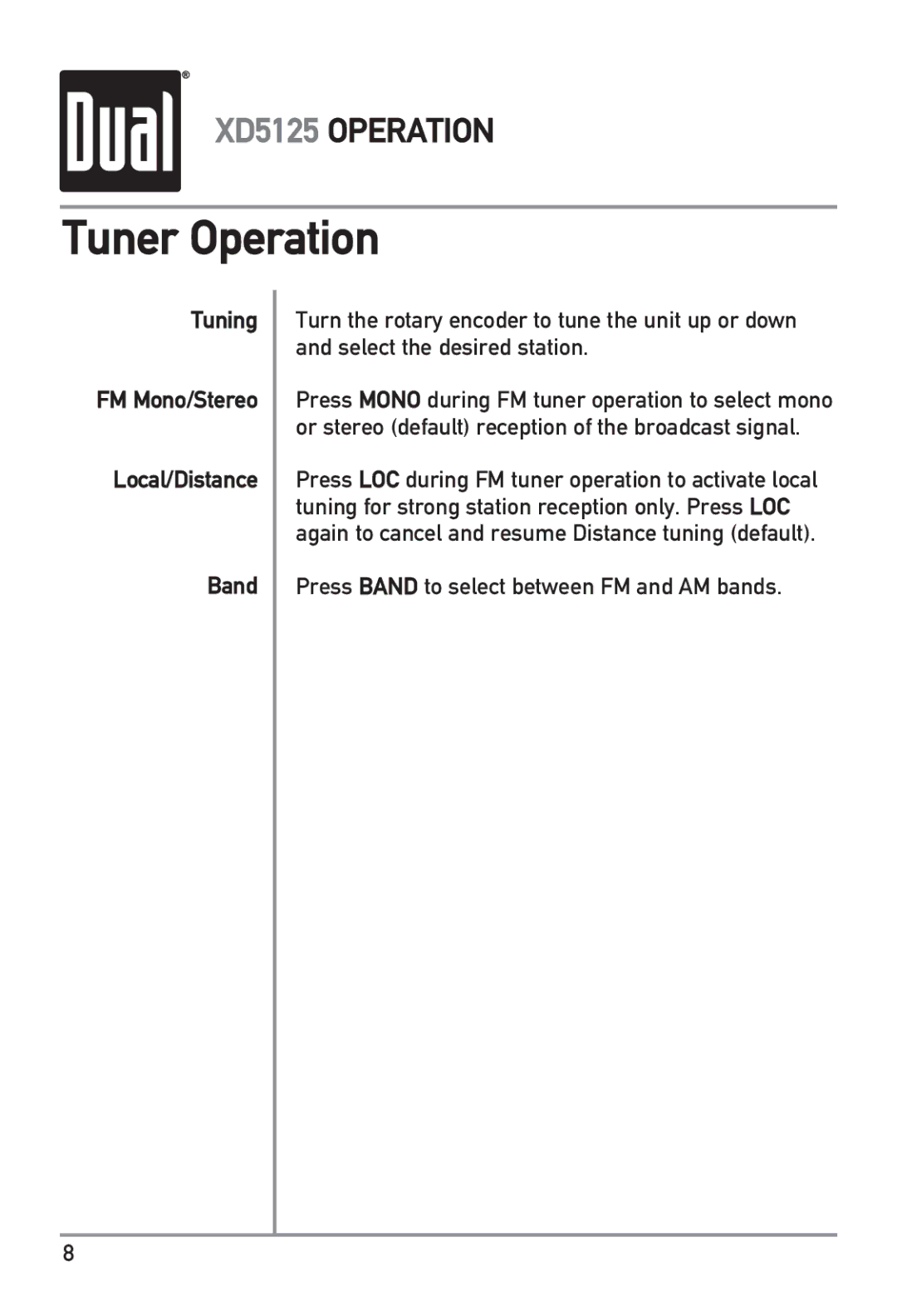 Dual XD5125 owner manual Tuner Operation, Tuning FM Mono/Stereo Local/Distance Band 