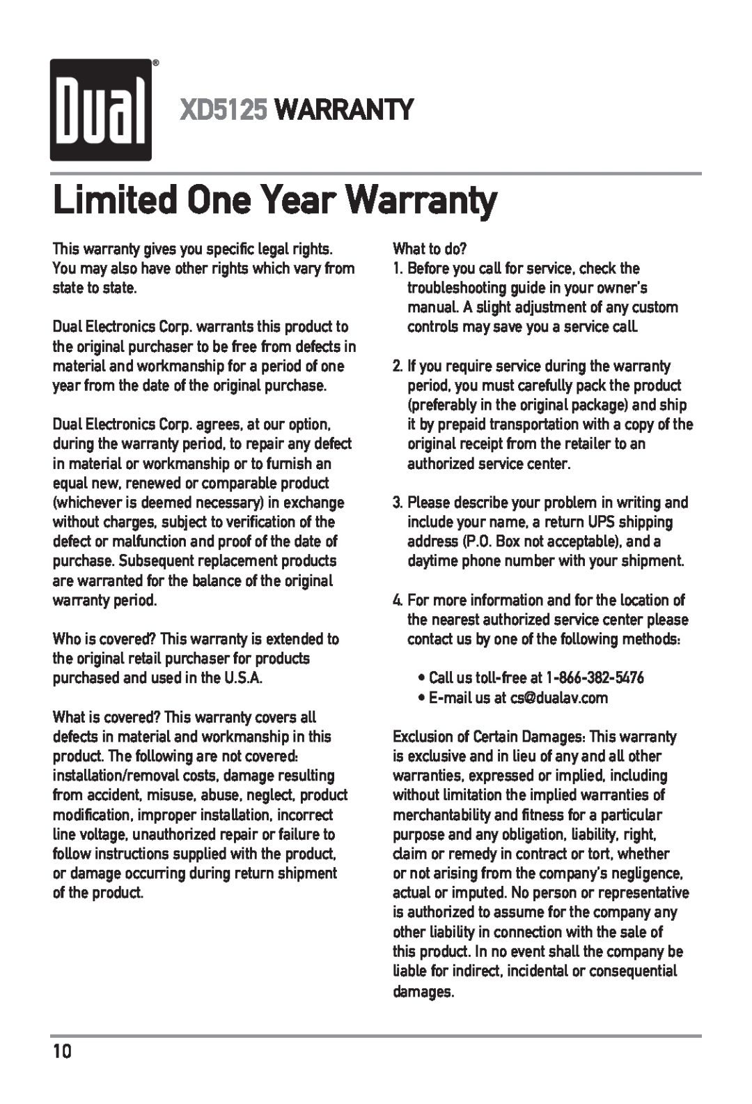 Dual owner manual Limited One Year Warranty, XD5125 WARRANTY 