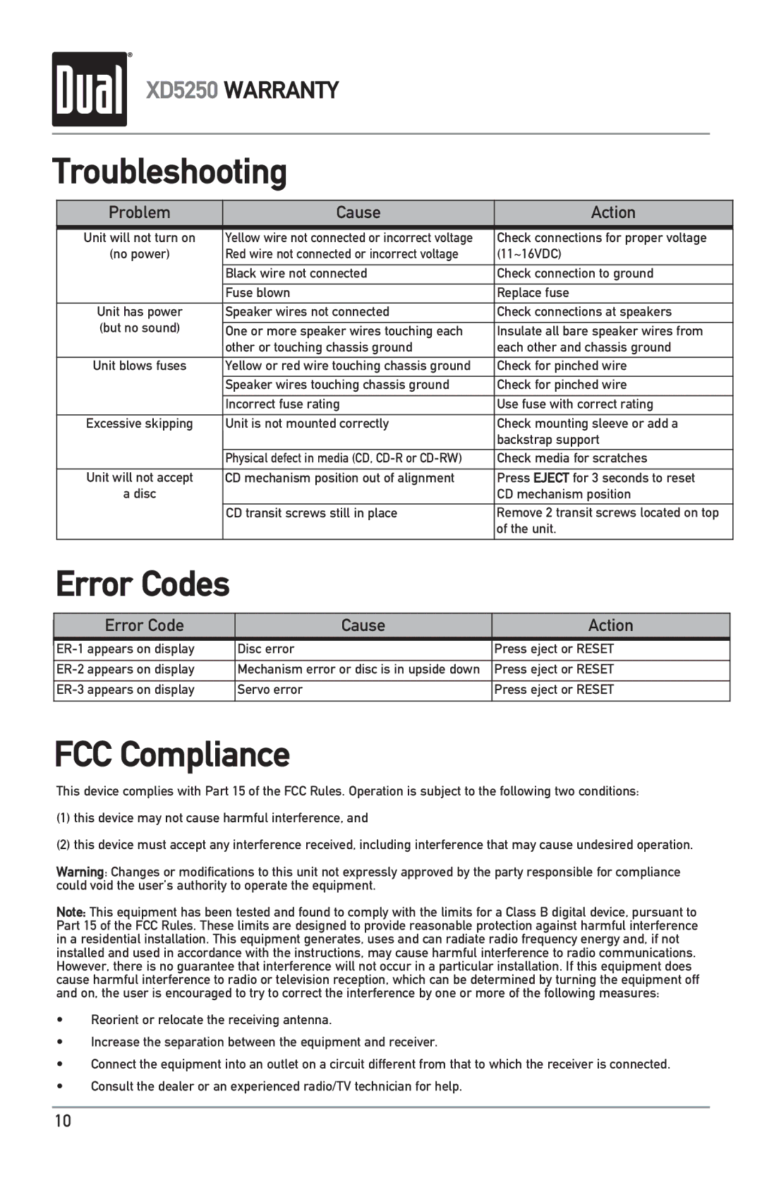 Dual XD5250 owner manual Troubleshooting, Error Codes, FCC Compliance 