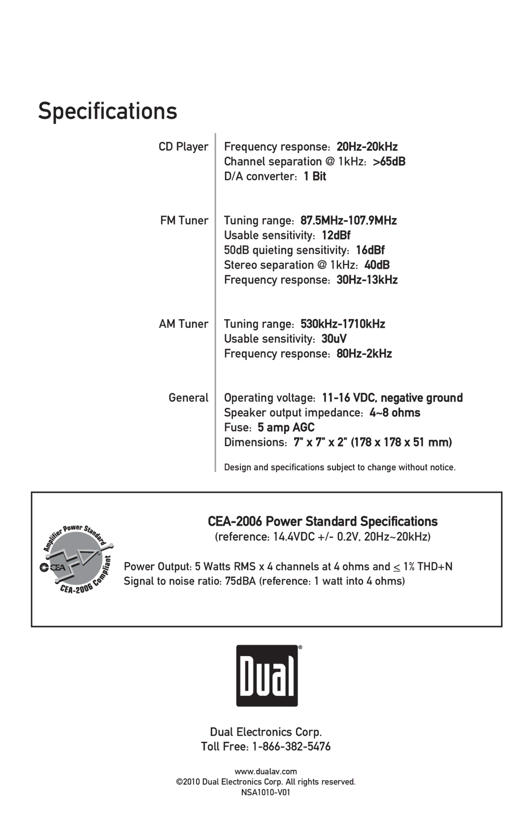 Dual XD5250 owner manual Tuning range 87.5MHz-107.9MHz, Fuse 5 amp AGC 