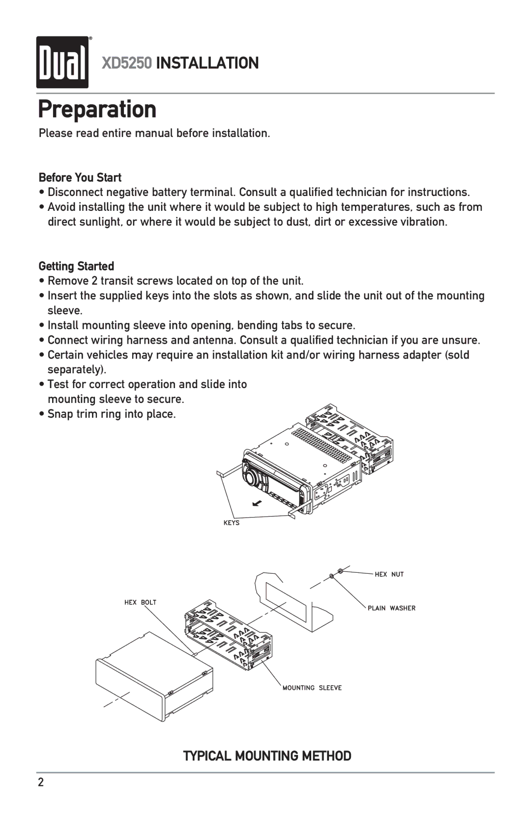 Dual XD5250 owner manual Preparation, Before You Start, Getting Started 