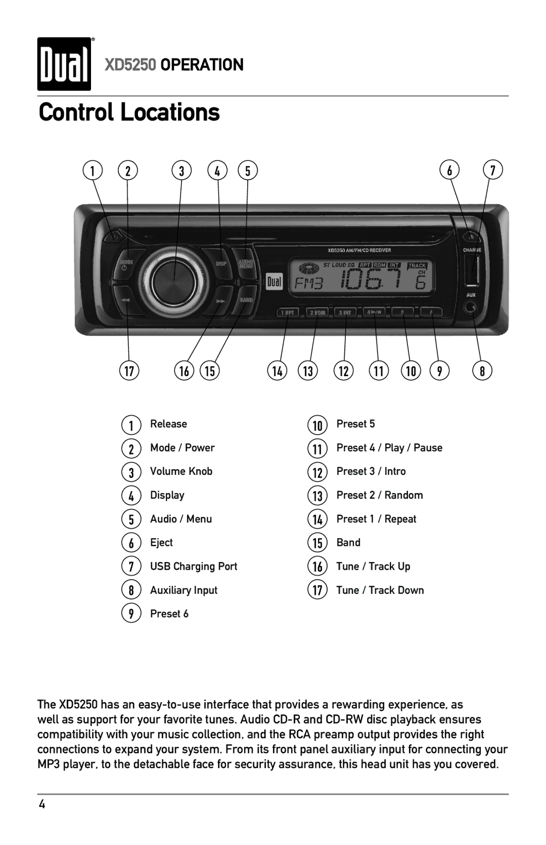 Dual XD5250 owner manual Control Locations, Preset 