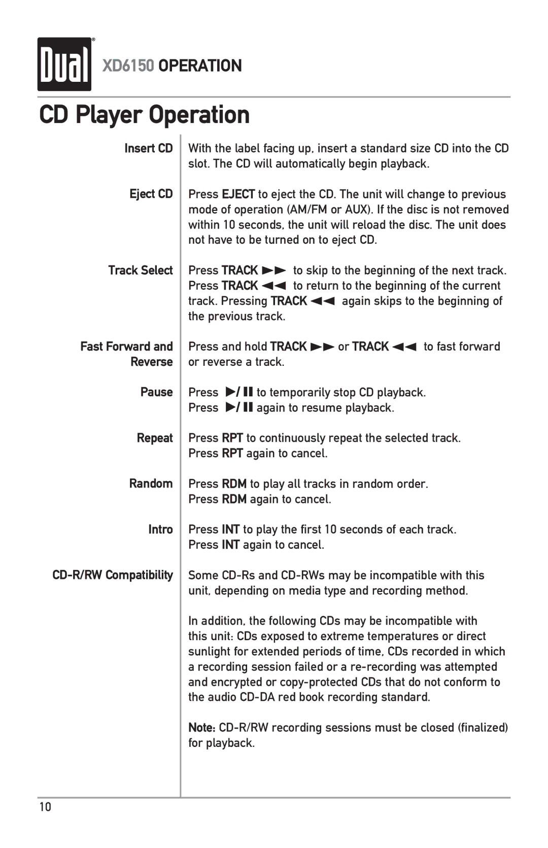 Dual XD6150 CD Player Operation, Insert CD Eject CD Track Select, Pause Repeat Random Intro CD-R/RW Compatibility 