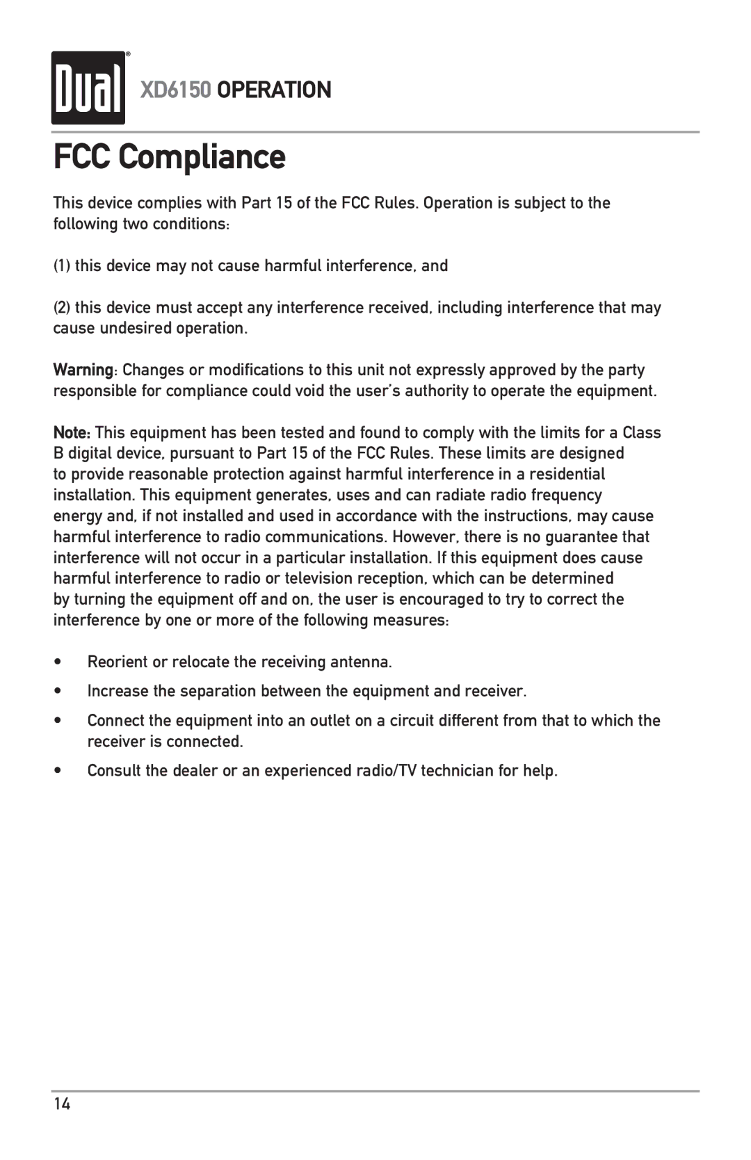 Dual XD6150 owner manual FCC Compliance 