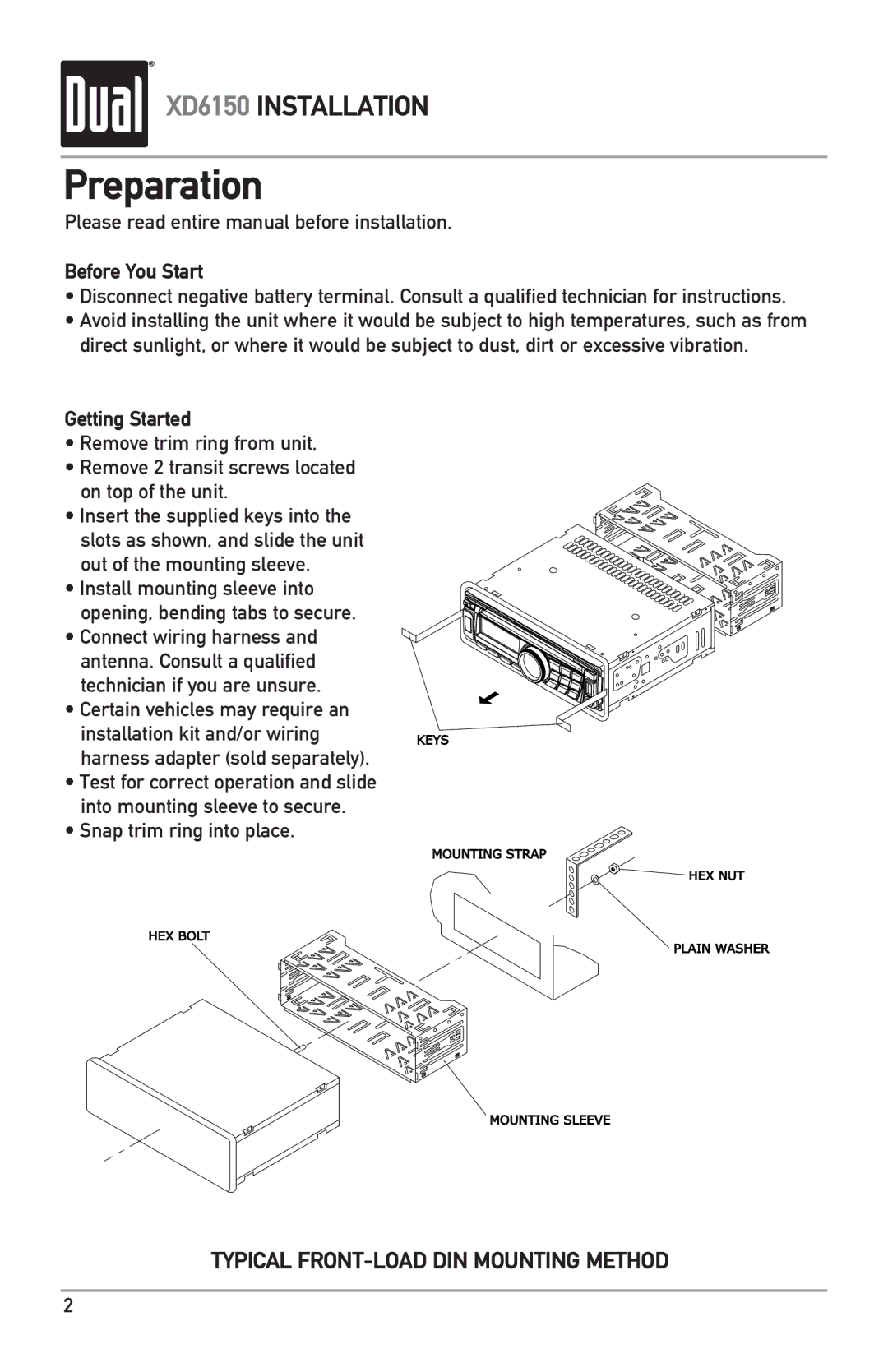 Dual XD6150 owner manual Preparation, Please read entire manual before installation, Before You Start, Getting Started 