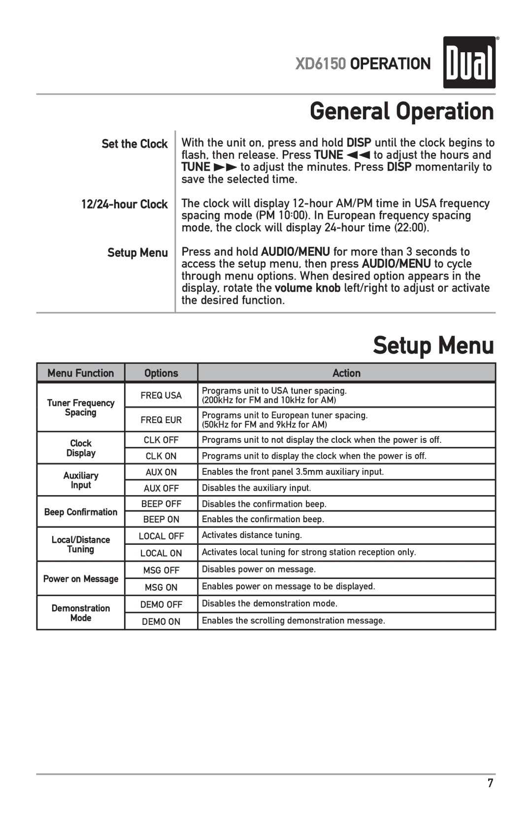 Dual XD6150 owner manual Set the Clock 12/24-hour Clock Setup Menu 