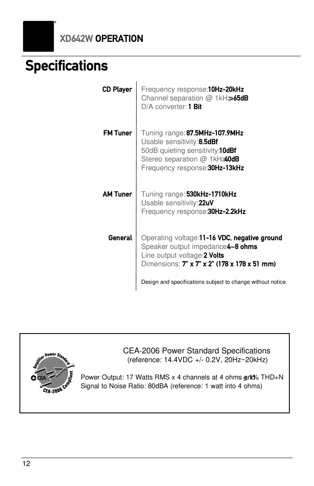 Dual XD642W owner manual Specifications 