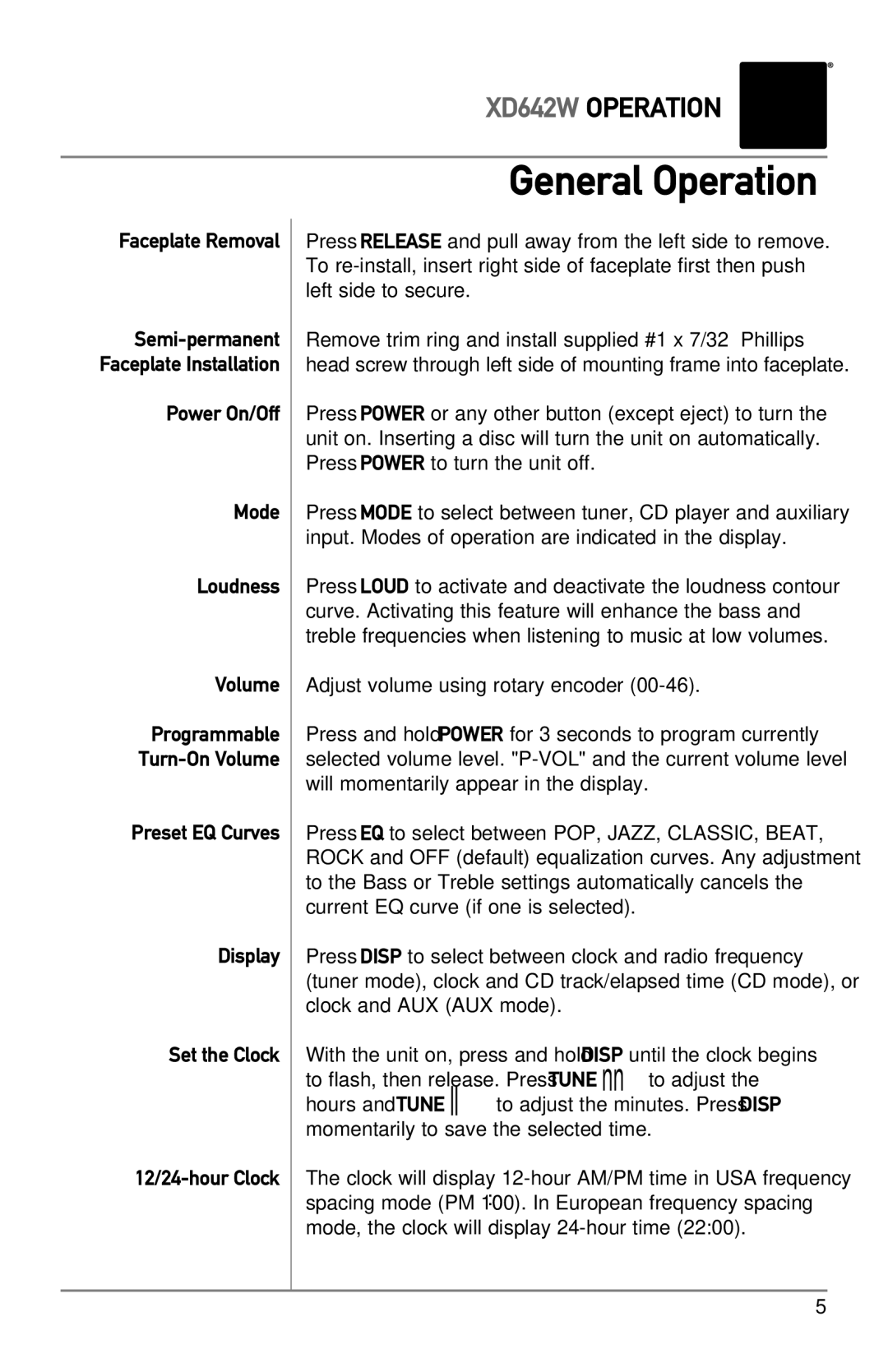 Dual XD642W owner manual General Operation, Faceplate Removal, Power On/Off Mode Loudness Volume 