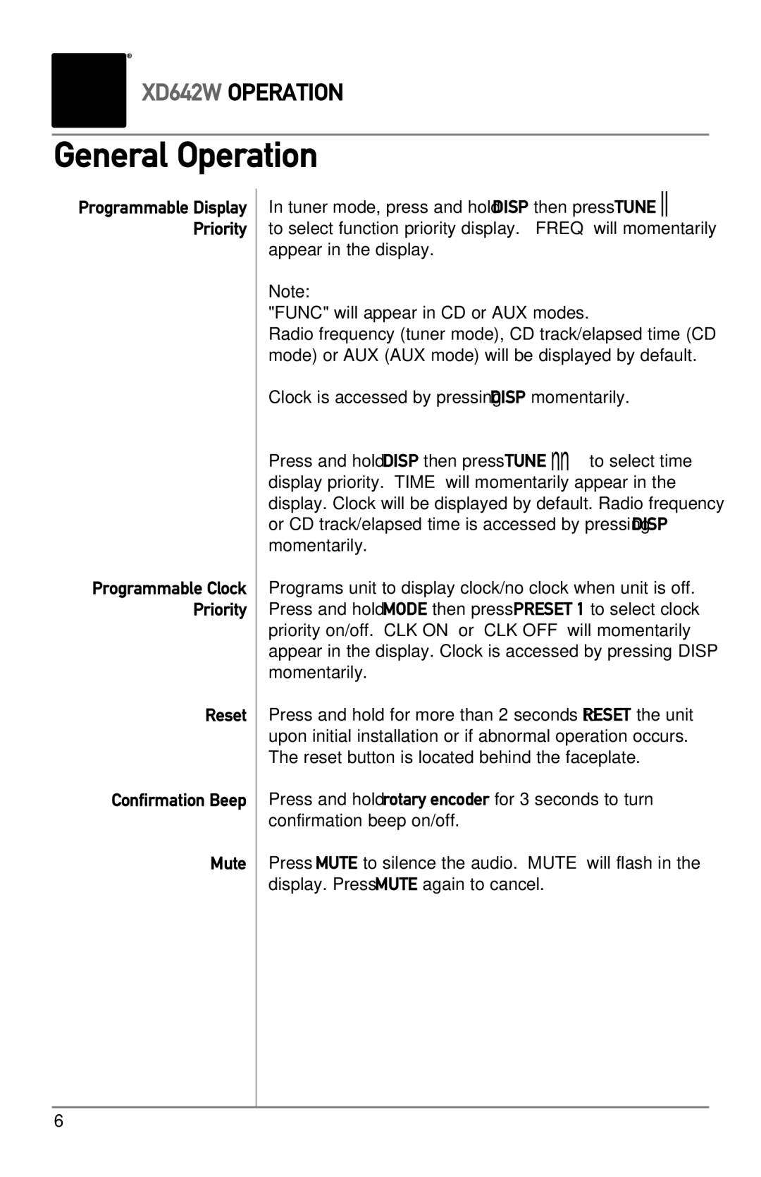 Dual XD642W owner manual Reset Confirmation Beep Mute 