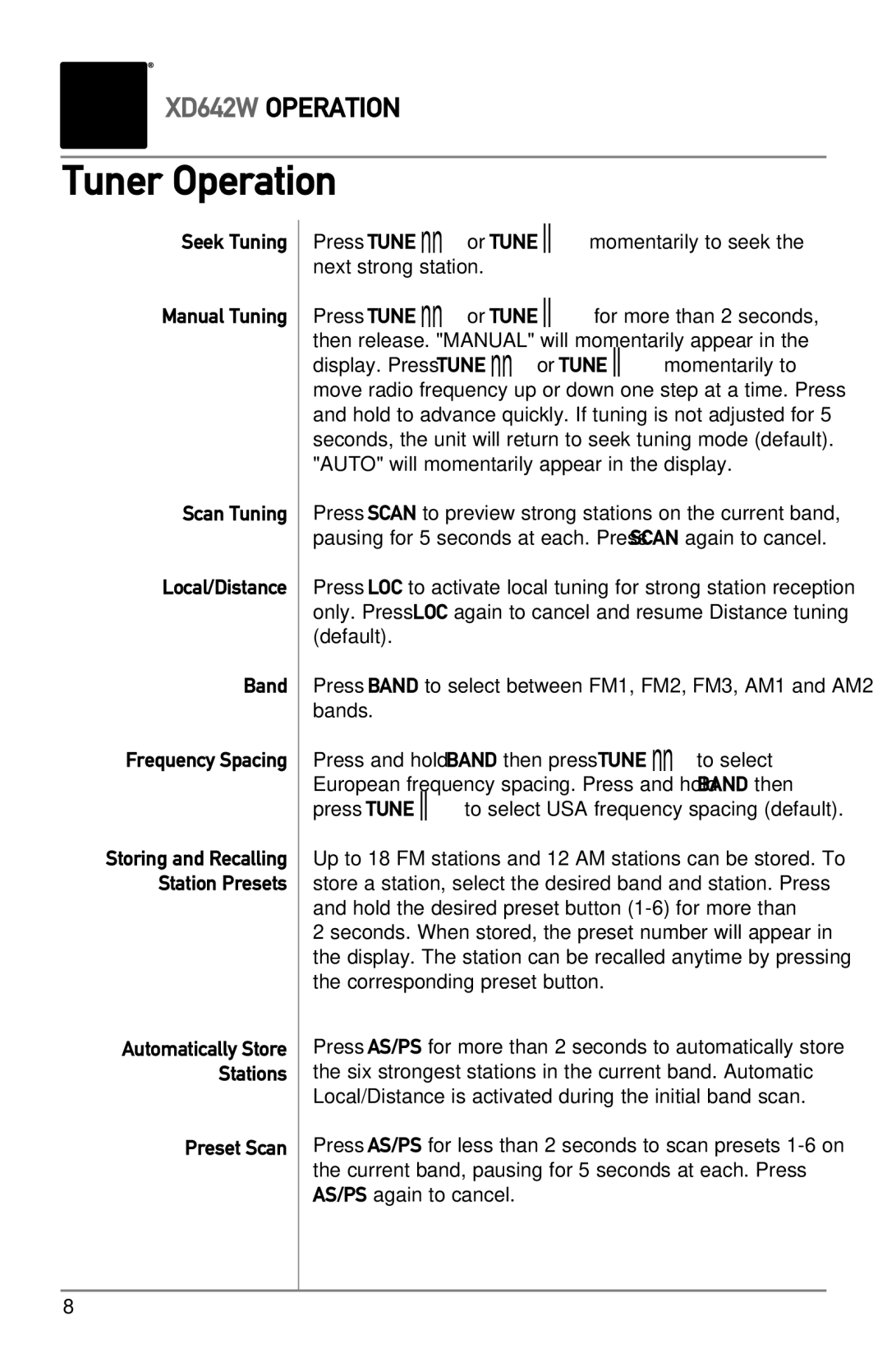 Dual XD642W owner manual Tuner Operation, Preset Scan 