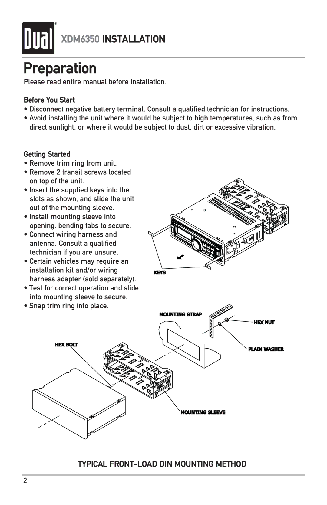 Dual XDM6350 owner manual Preparation, Please read entire manual before installation, Before You Start, Getting Started 