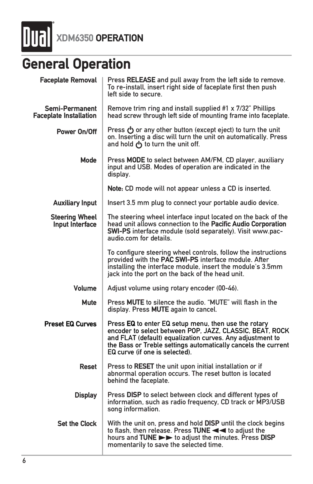 Dual XDM6350 owner manual General Operation, Faceplate Removal 