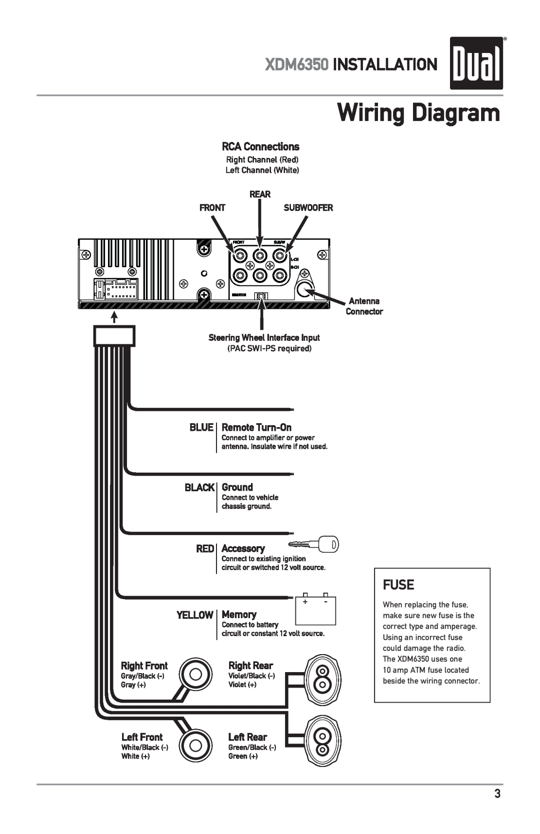 Dual owner manual Wiring Diagram, Fuse, XDM6350 INSTALLATION, RCA Connections 