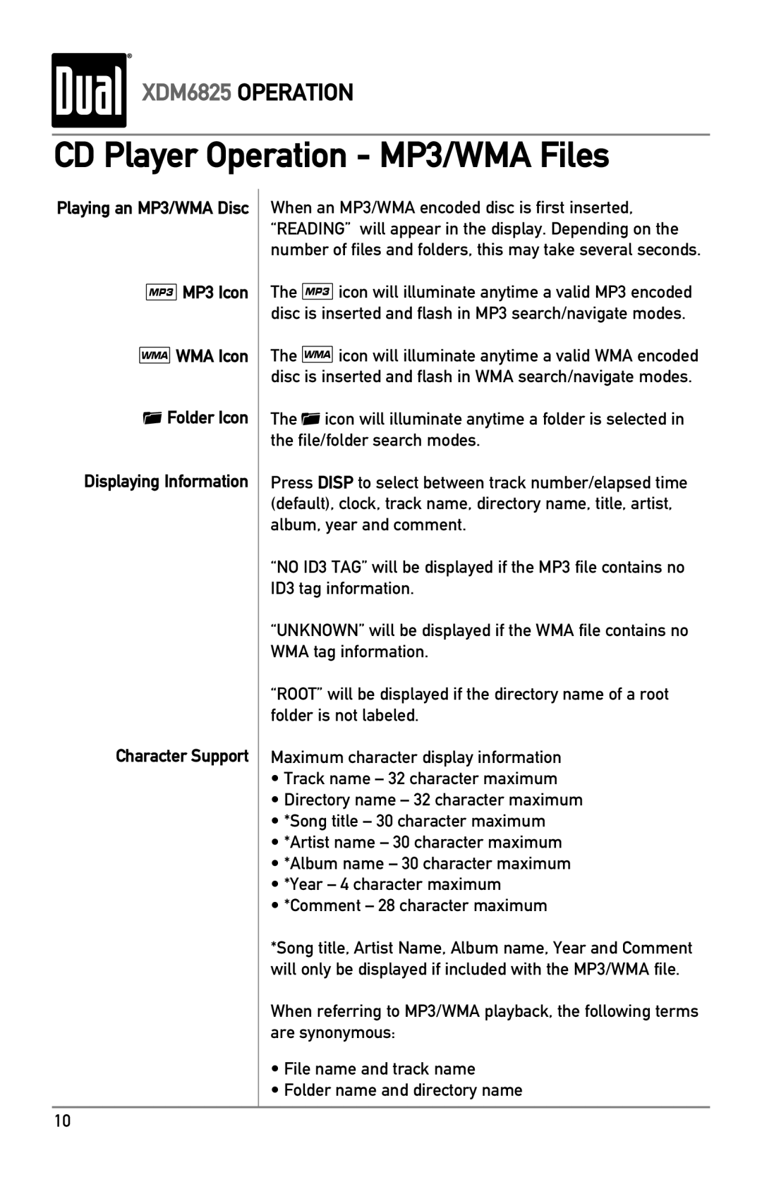 Dual XDM6825 owner manual CD Player Operation MP3/WMA Files 