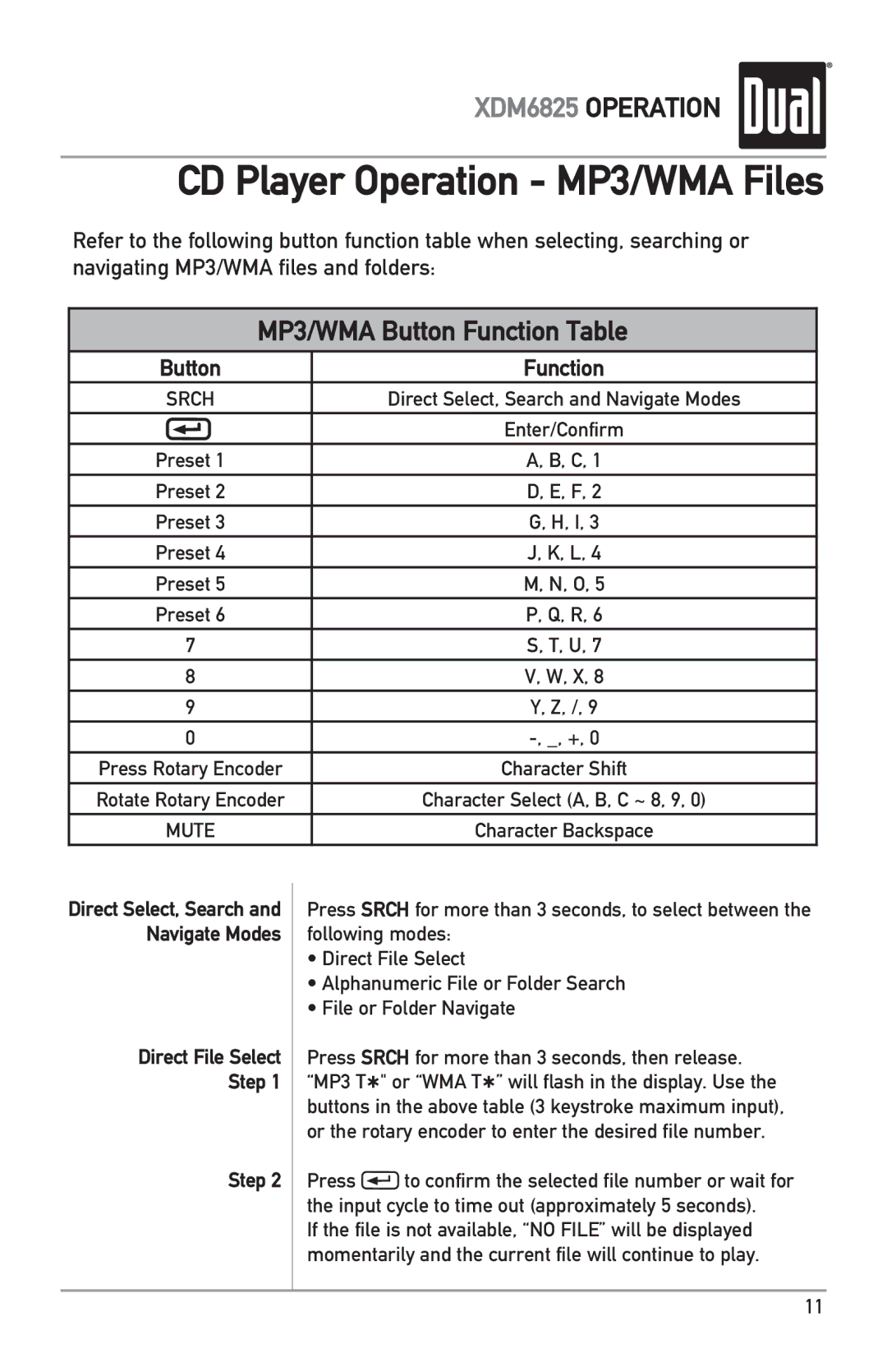 Dual XDM6825 owner manual Button Function, Direct File Select Step 