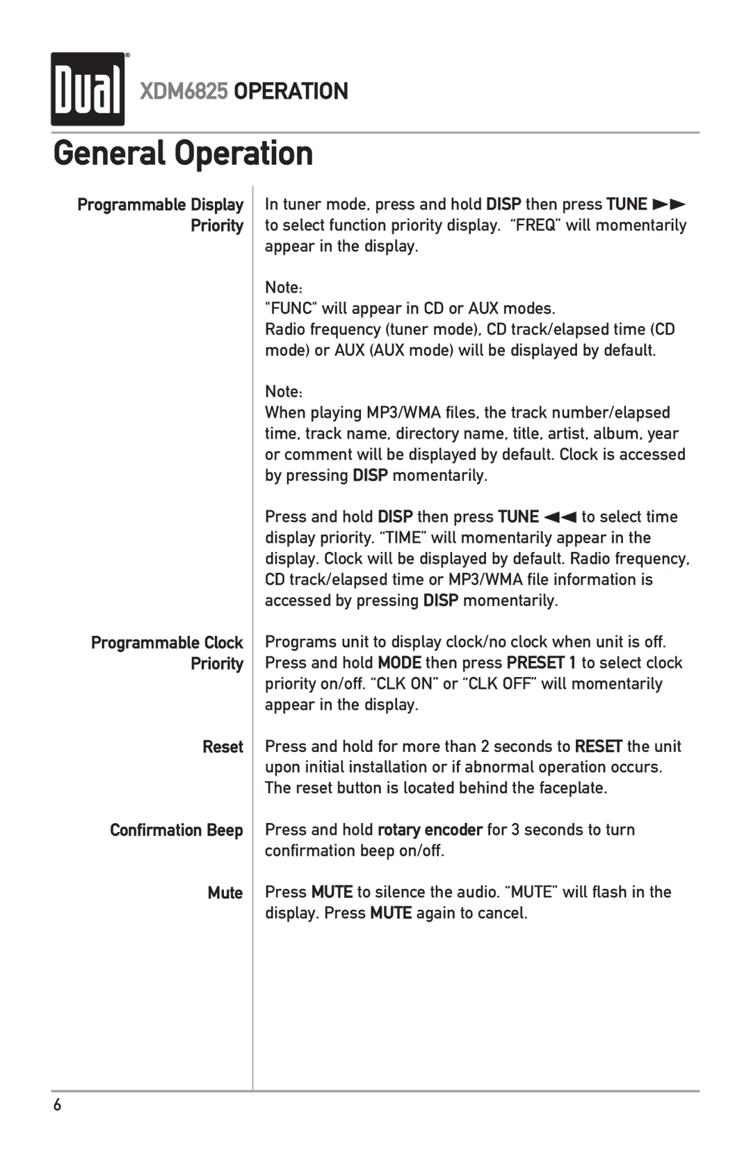 Dual XDM6825 owner manual Reset Confirmation Beep Mute 