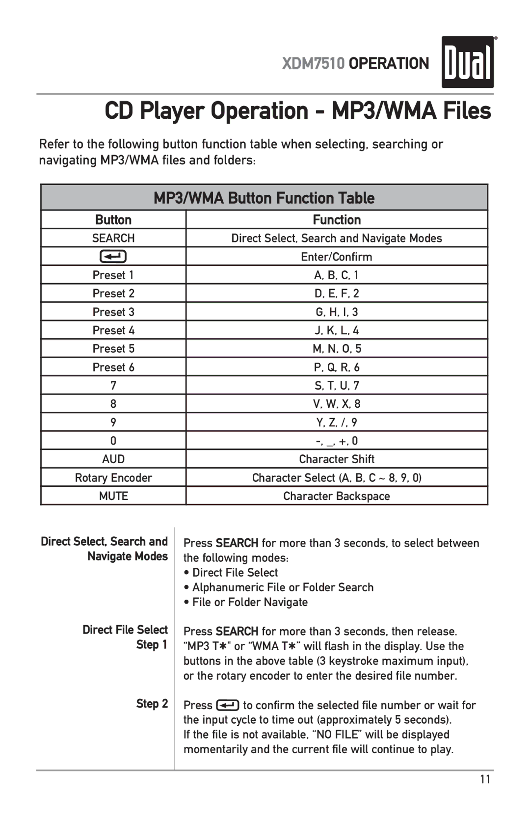 Dual XDM7510 owner manual Function, Direct File Select Step 