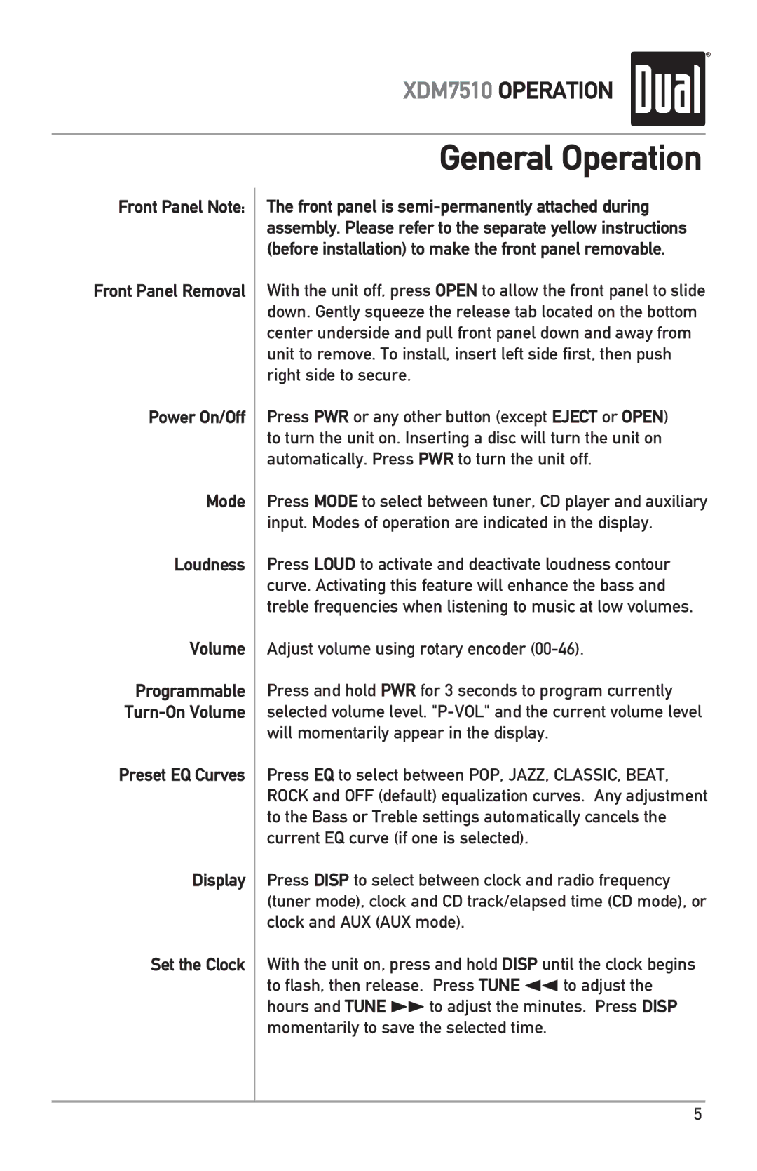 Dual XDM7510 owner manual General Operation, Preset EQ Curves Display Set the Clock 