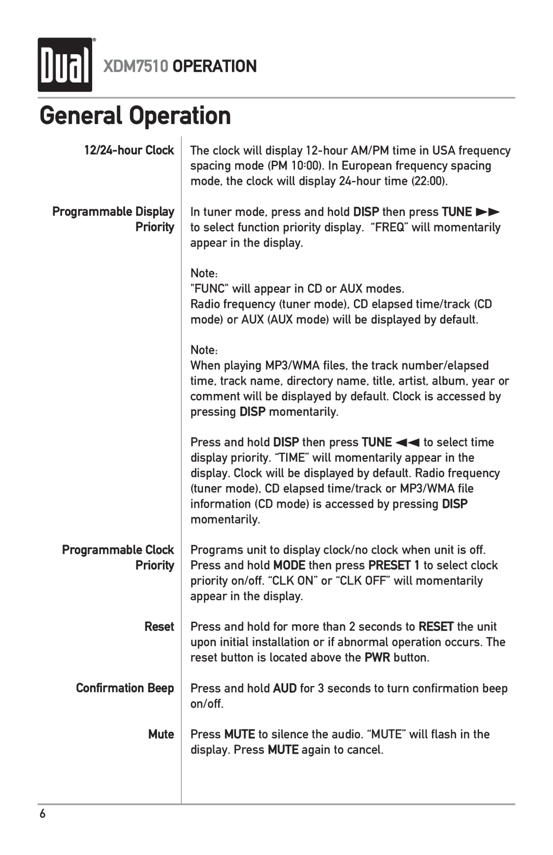 Dual XDM7510 owner manual 12/24-hour Clock, Reset Confirmation Beep Mute 